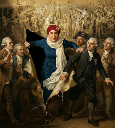 Plakatbild Beklaute Frauen final (2_kurz) Eine Frau steigt durch ein Gemälde der französischen Nationalversammlung